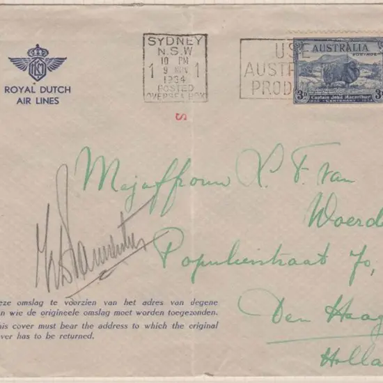 1934 (9th Nov) Australia to Holland outer envelope ...
