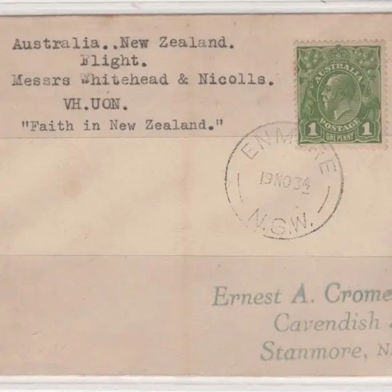 1934 (22nd Nov) Australia to New Zealand flown by ...