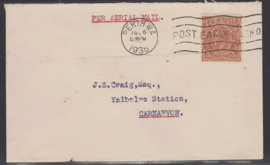 1935 (6th July) Perth to Carnarvon "Per Aerial ... Image 1++