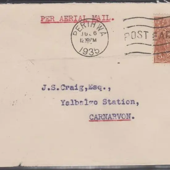 1935 (6th July) Perth to Carnarvon "Per Aerial ...
