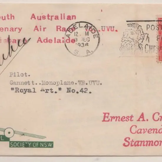 1936 (16th Dec) South Australian Centenary Air ...