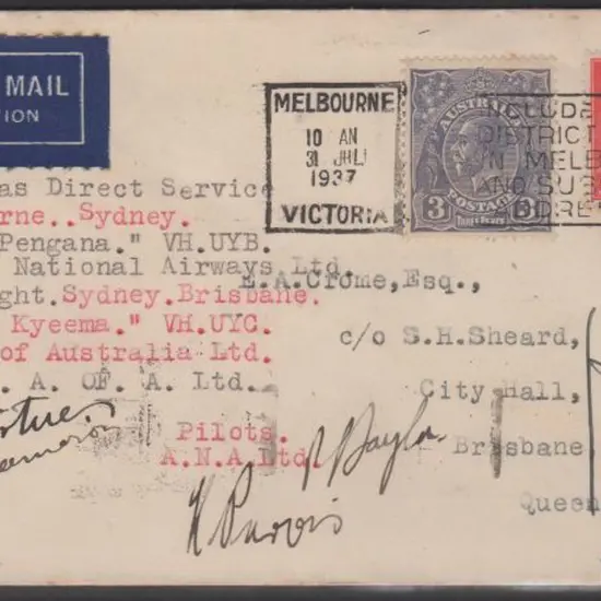 1937 (2nd Aug) ditto but return flight Sydney to ...