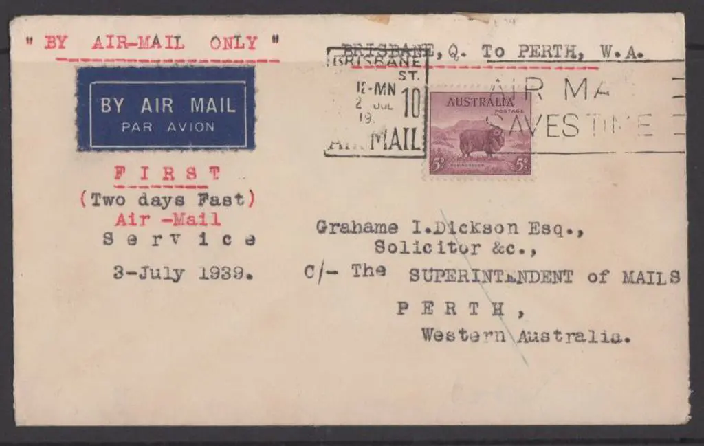 1939 (2nd July) Brisbane to Perth flown cover ... Image 1++
