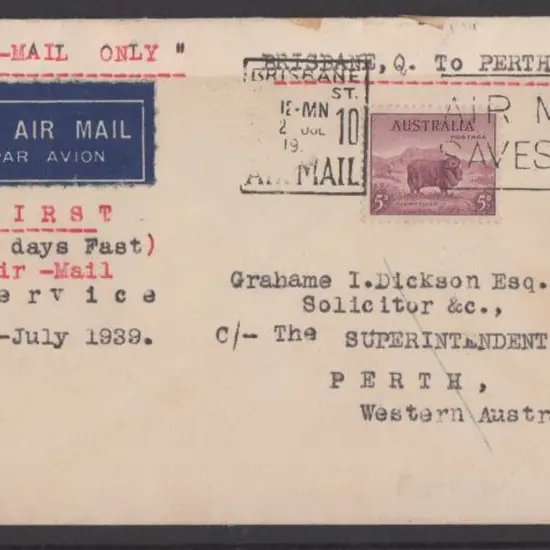 1939 (2nd July) Brisbane to Perth flown cover ...