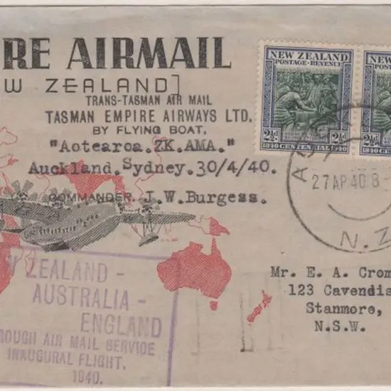 1940 (30th April) New Zealand to Australia Teal ...