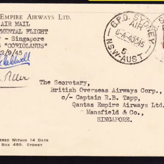 1945 (4th Oct) Australia to Singapore Qantas ...