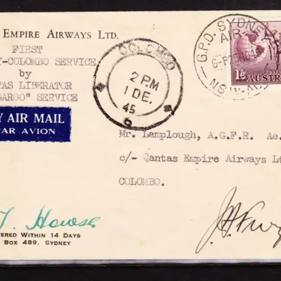 1945 (30th Nov) Australia to Ceylon Qantas env ...