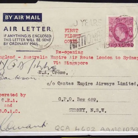 1946 (9th April) England to Australia GB 6d KGVI ...