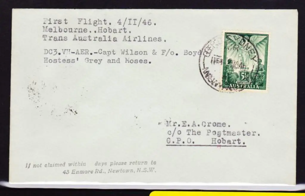 1946 (4th Nov) Melbourne to Hobart by TAA DC3. 5½d ... Image 1++