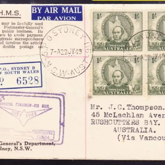 1949 (15th Jan) Sydney to Vancouver & return by ...