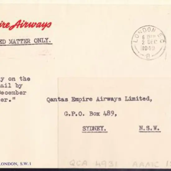 1949 (6th Dec) ditto but back to Australia with ...
