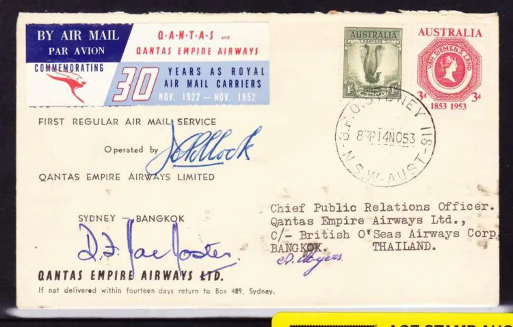 1953 (14th Nov) Sydney to Bangkok Qantas printed ... Image 1++