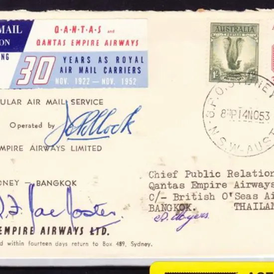 1953 (14th Nov) Sydney to Bangkok Qantas printed ...
