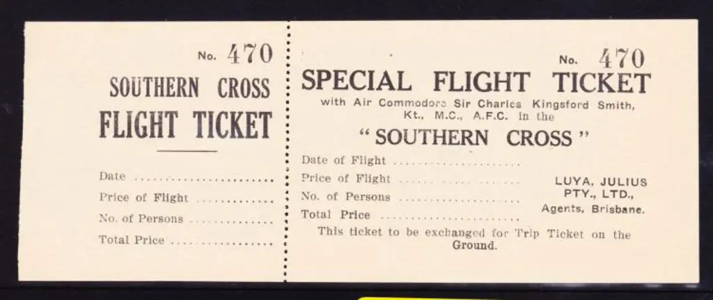 1930's "Southern Cross Flight Ticket" unused ... Image 1++
