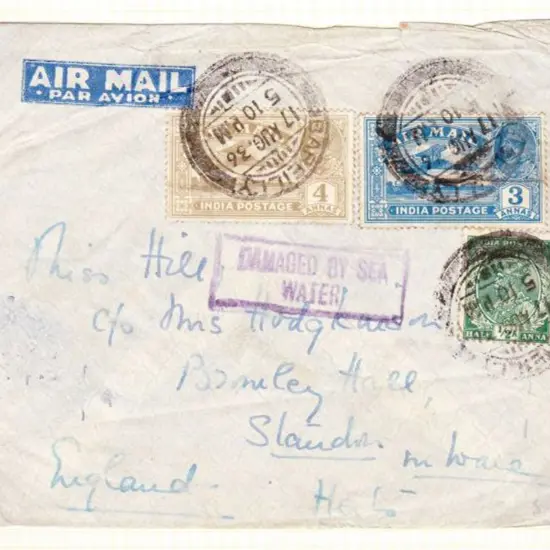 1936 (22nd Aug) ditto but with the "DAMAGED BY ...