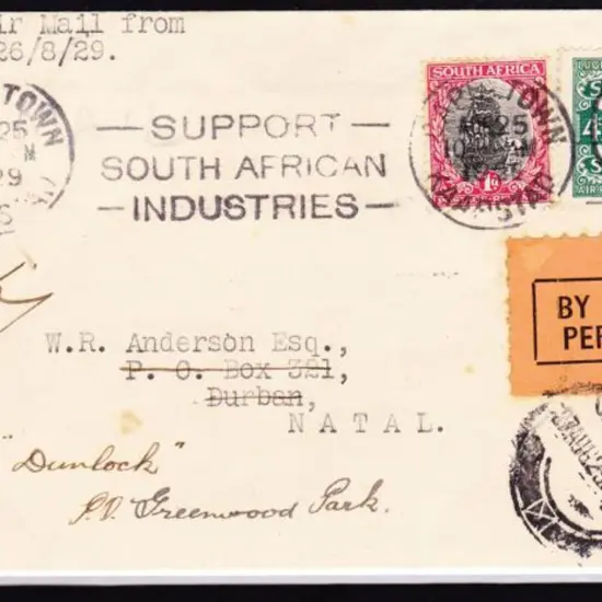 1929 (25th Aug) Cape Town to Durban Union Airways ...