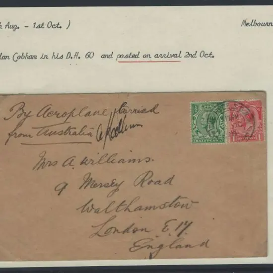 1926 (30th June) Melbourne to London Cobham return ...