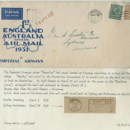 1931 (25th Apr) London to Australia Imperial ...