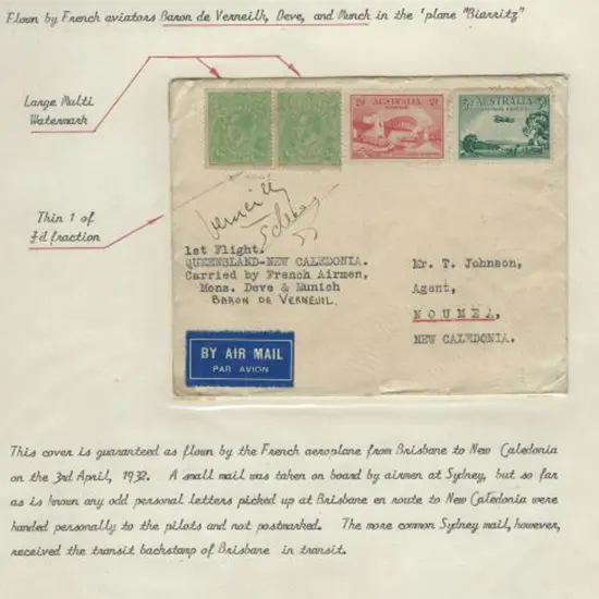 1932 (9th March) Brisbane to Noumea flown by Baron ...