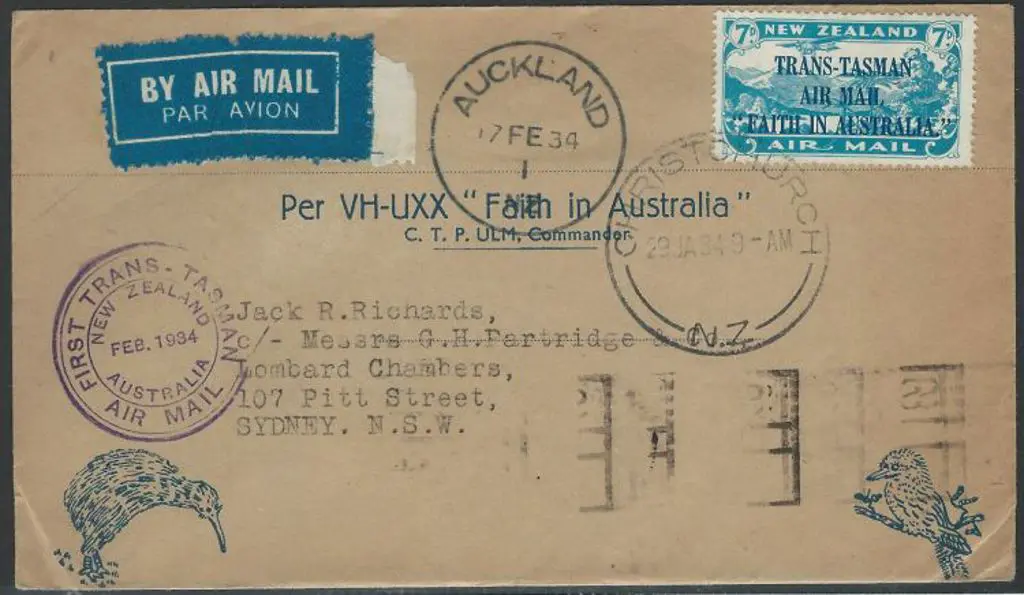 1934 (17th Feb) NZ to Aust Ulm flown souvenir ... Image 1++