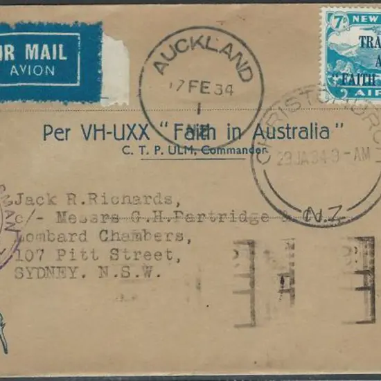 1934 (17th Feb) NZ to Aust Ulm flown souvenir ...