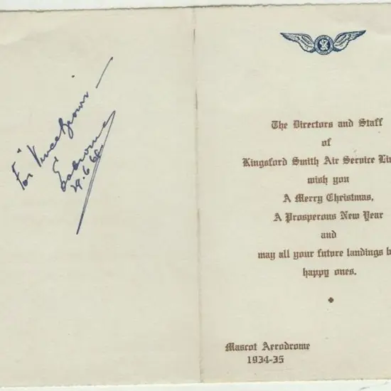1934 "The Directors and Staff of Kingsford Smith ...
