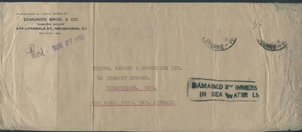 1936 (22nd Aug) Imperial Airways Australia to ... Image 1++