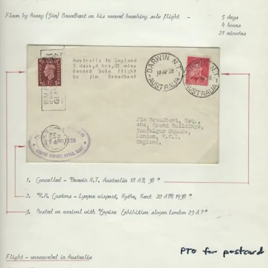 1938 (18th April) Australia to England solo record ...