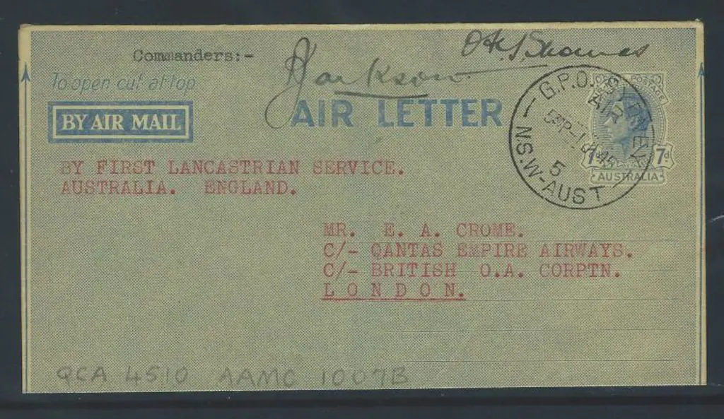 1945 (2nd June) Australia to England Qantas ... Image 1++