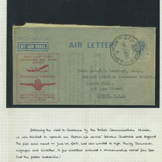 1945 (2nd June) Australia to England Qantas ...