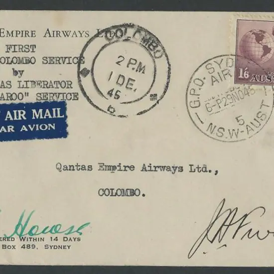 1945 (30th Nov) Australia to Ceylon Qantas env ...