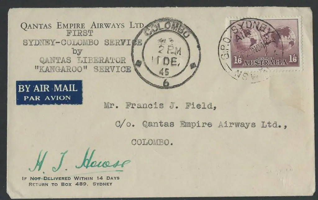 1945 (30th Nov) Australia to Ceylon Qantas env ... Image 1++