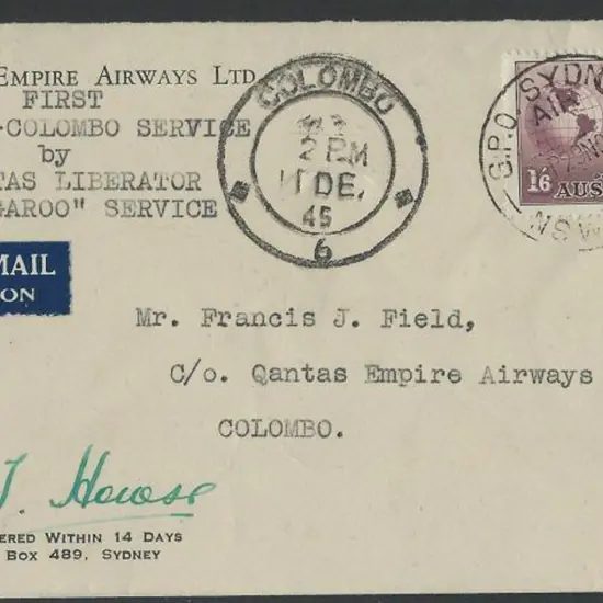 1945 (30th Nov) Australia to Ceylon Qantas env ...