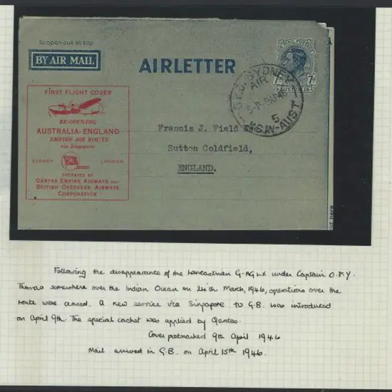 1946 (9th April) Australia to England re-opening ...