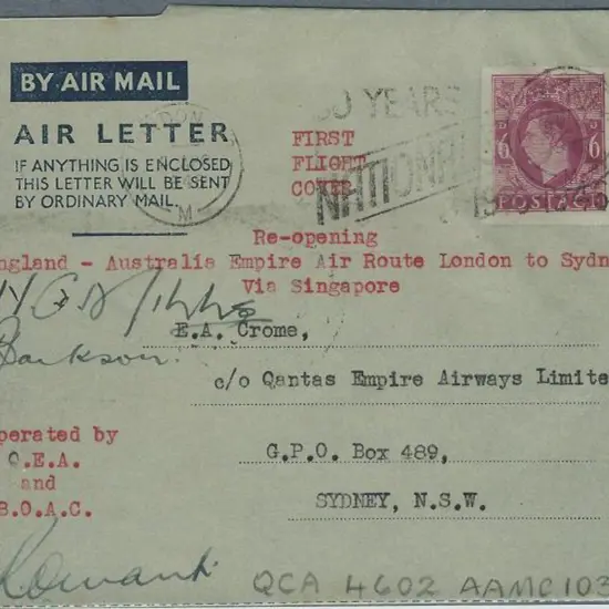 1946 (9th April) England to Australia GB 6d KGVI ...