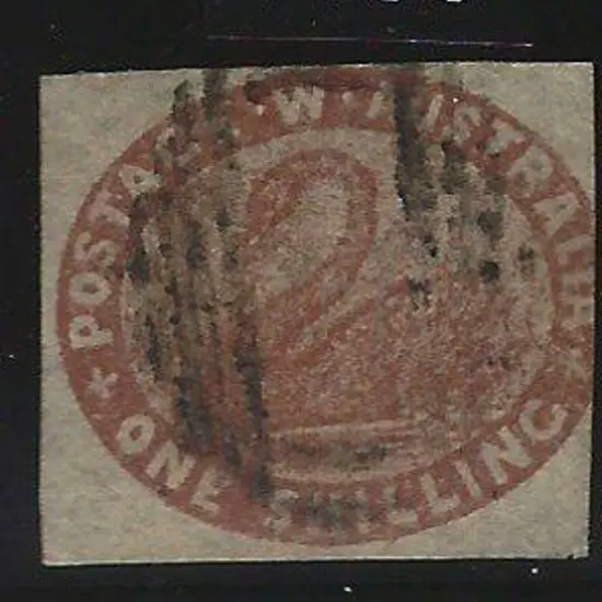 1854/55 1/- deep red-brown swan. 3 clear margins ...