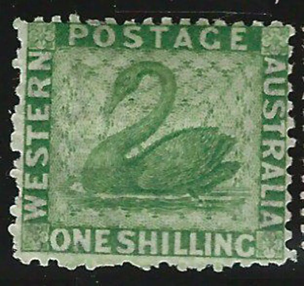 1864/79 1/- bright green swan, perf. ... Image 1++