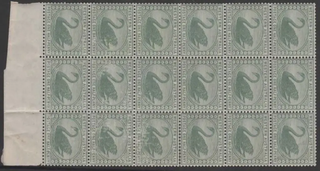1885 ½d green swan, Crown CA wmk, MUH block of 18 ... Image 1++