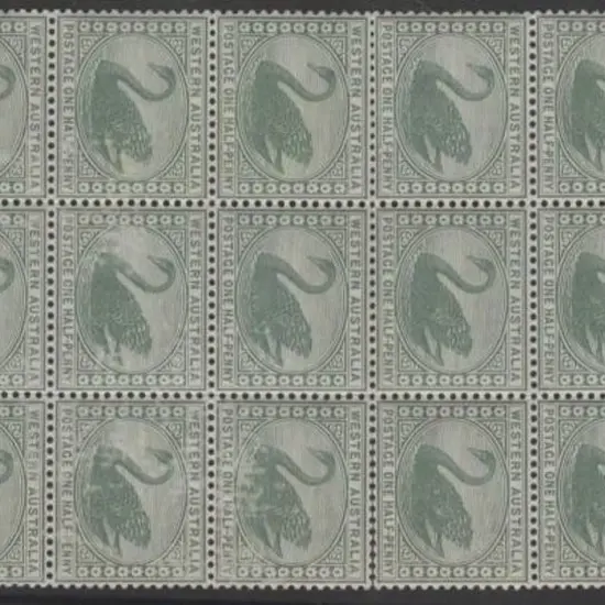 1885 ½d green swan, Crown CA wmk, MUH block of 18 ...