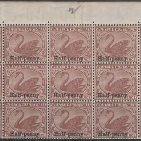 1885 3d red brown swan with "Half-penny" surcharge ...