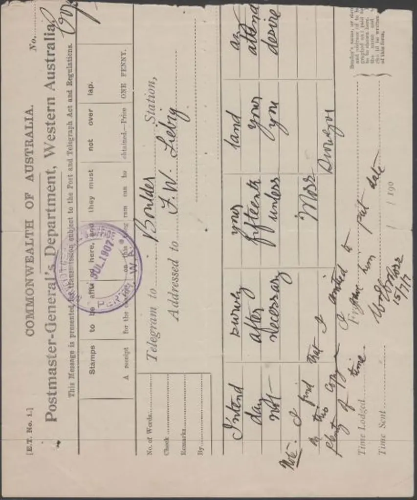 1907 (9th July) PMG Dept. of WA Telegram ... Image 1++