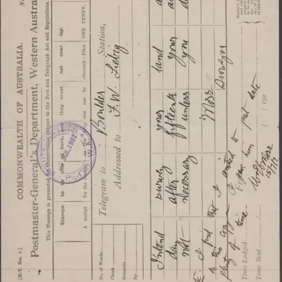 1907 (9th July) PMG Dept. of WA Telegram ...