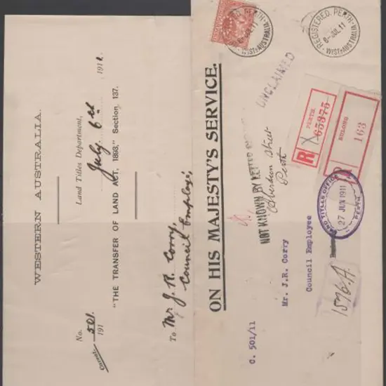 1911 (6th July) OHMS Perth registered long cover ...