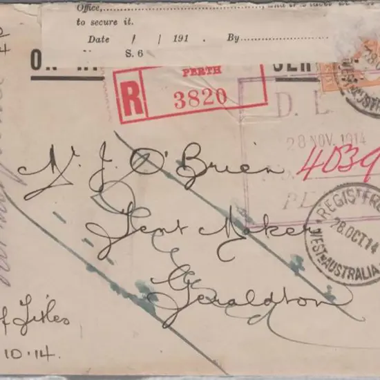 1914 (28th Oct) OHMS Perth Registered cover to ...