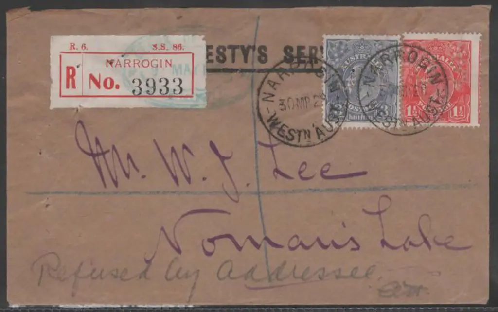 1929 (30th Mar) OHMS Narrogin Registered (red R6 ... Image 1++