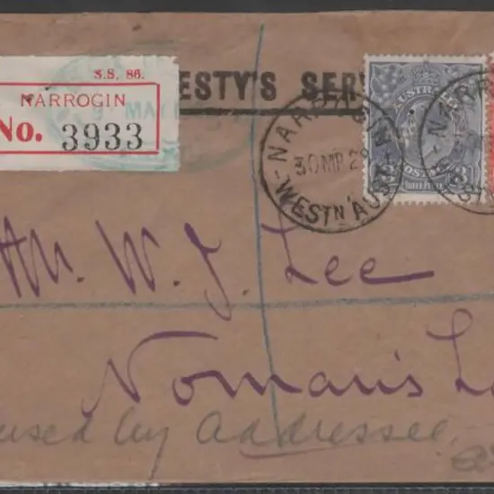 1929 (30th Mar) OHMS Narrogin Registered (red R6 ...