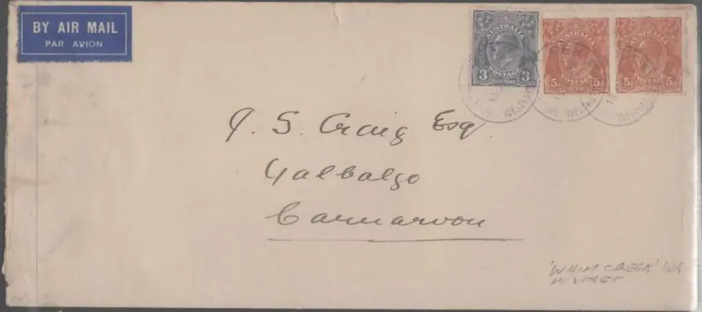 1933 (14th Jan) Whim Creek to Carnarvon airmail ... Image 1++