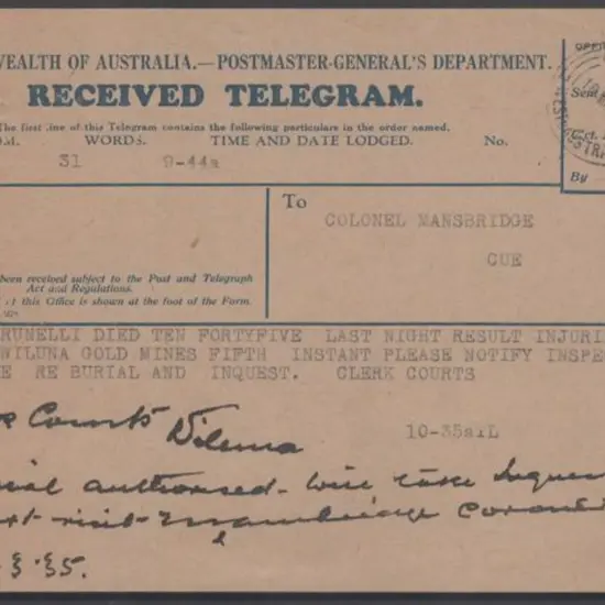 1935 (16th Mar) Telegram with Cue 3 ring cds. ...