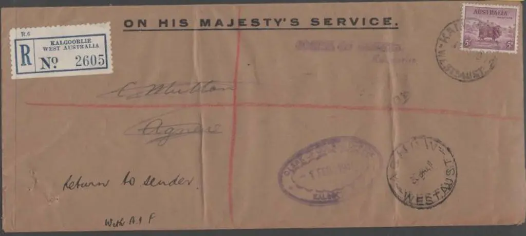 1941 (15th Oct) OHMS Kalgoorlie Registered long ... Image 1++