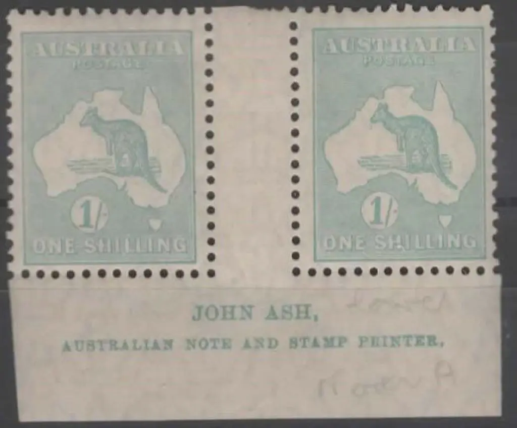 1929-30 Sm Mult wmk 1/- emerald Ash imprint pair ... Image 1++